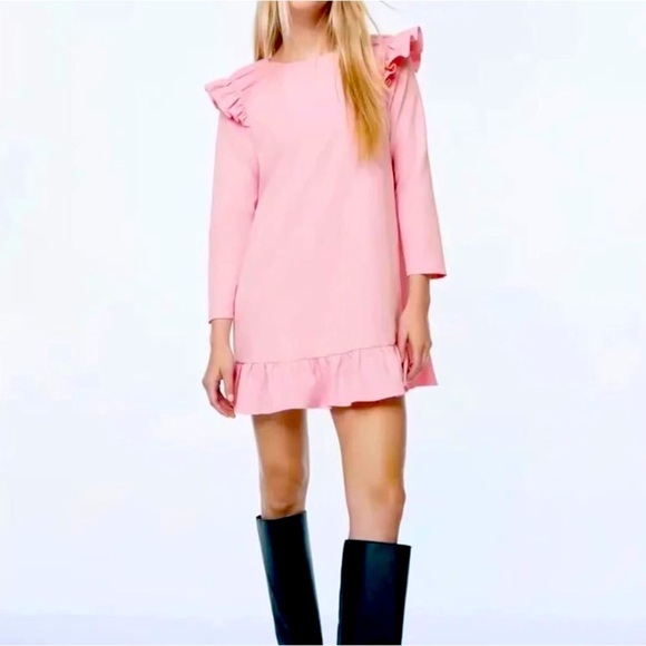 Zara Dresses & Skirts - ZARA Bubblegum Pink Ruffle Hem & Shoulders Mini Dress Long Sleeve Sz L